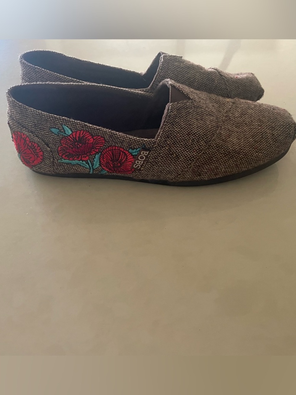 BOBS Skechers Brown Canvas Slip-Ons with Red Floral Embroidery